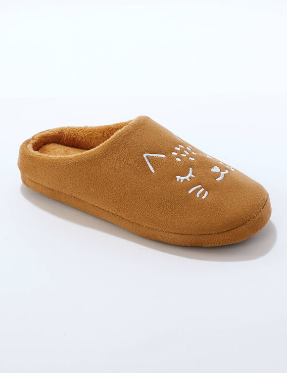 Muiltjes in fleece, geborduurd kattenmotief (karamel) Muiltjes in fleece, geborduurd kattenmotief (karamel)